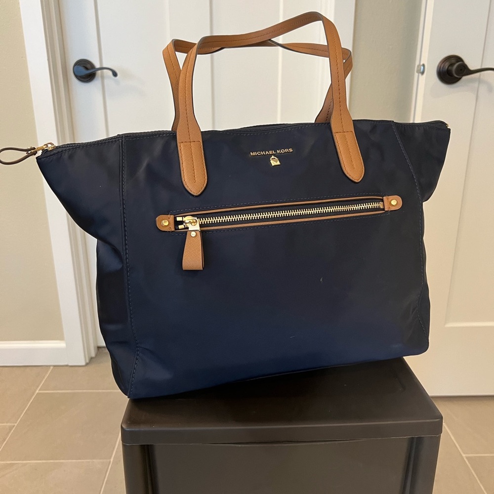 Michael Kohrs Leather Trimmed Nylon Shoulder Bag, Navy